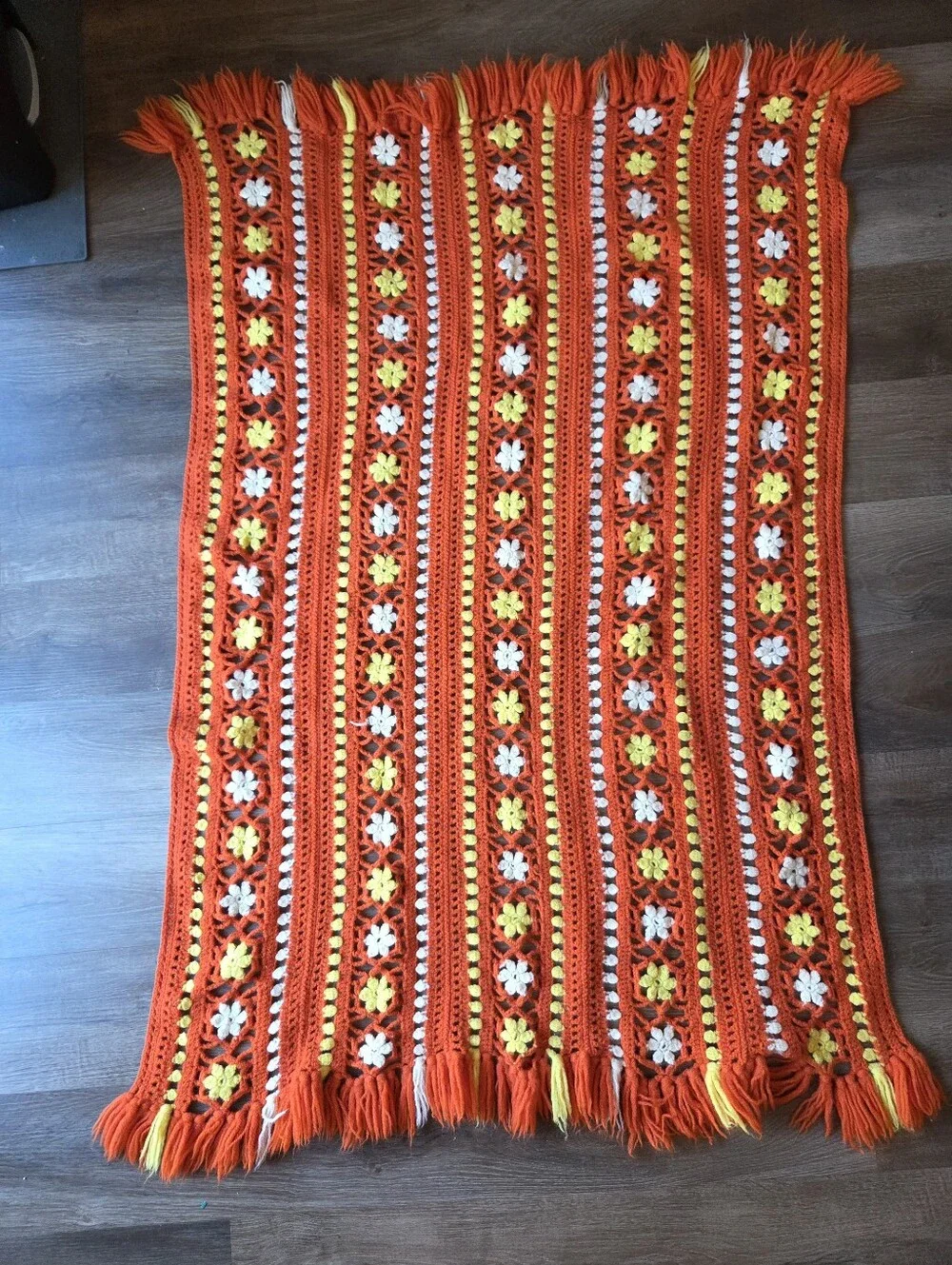 Vintage 70s Style Crochet Flower Pattern Orange Yellow Afghan Blanket w/Fringe